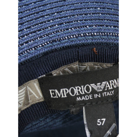 RARE EMPORIO ARMANI Straw Hat w/ Leather Strap Navy Blue Brown NWOT - Picture 6 of 7